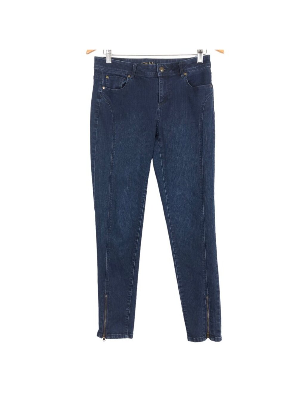 Vtg Cache Cropped Jeans Sz 4 Yoke Seams Zip Cuffs Dark Blue Cotton Stretch